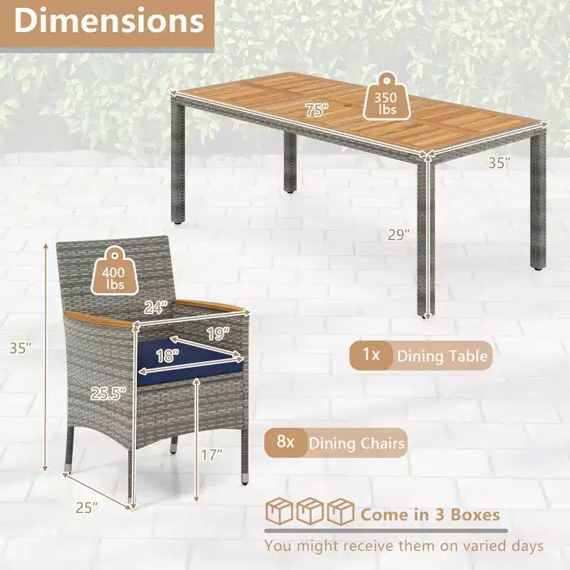 Costway Ensemble de salle à manger d'extérieur 9 pièces pour 8 personnes avec table et chaises en rotin PE et 2 trous pour parasol Bleu marine/Blanc