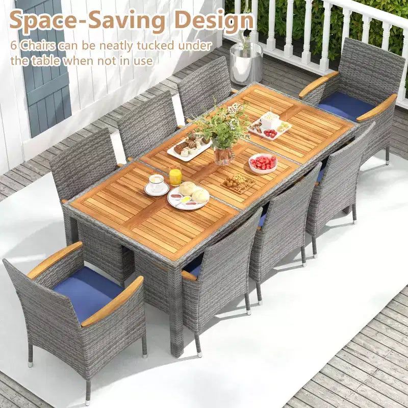 Costway Ensemble de salle à manger d'extérieur 9 pièces pour 8 personnes avec table et chaises en rotin PE et 2 trous pour parasol Bleu marine/Blanc