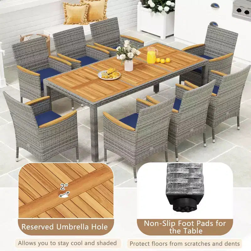 Costway Ensemble de salle à manger d'extérieur 9 pièces pour 8 personnes avec table et chaises en rotin PE et 2 trous pour parasol Bleu marine/Blanc
