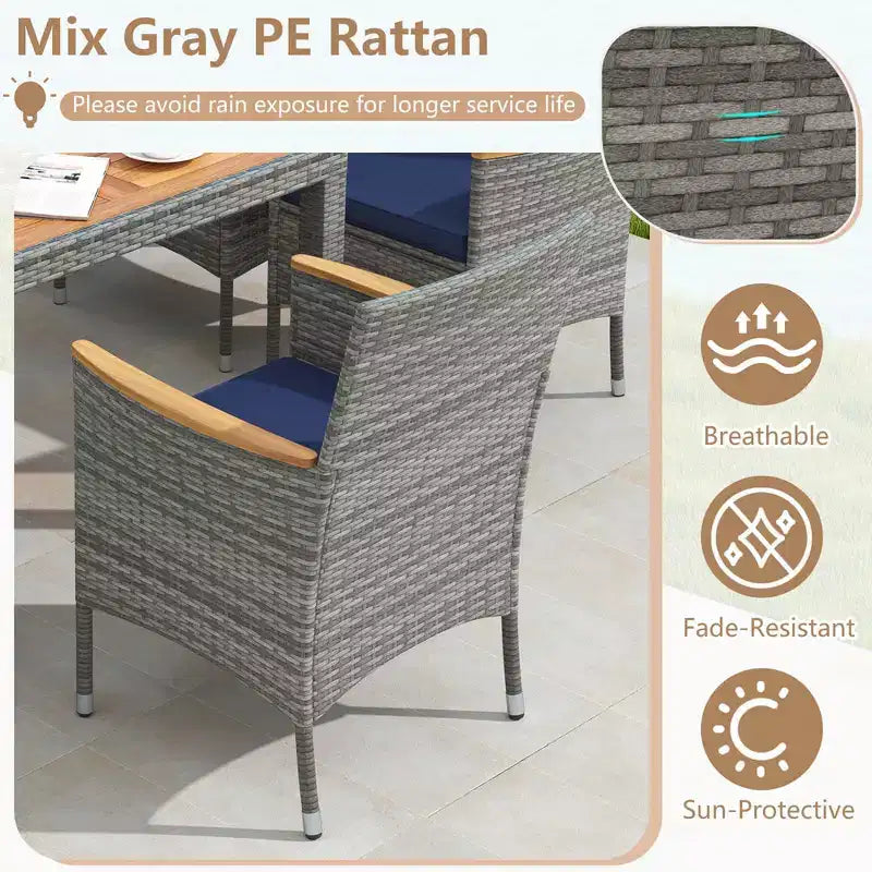 Costway Ensemble de salle à manger d'extérieur 9 pièces pour 8 personnes avec table et chaises en rotin PE et 2 trous pour parasol Bleu marine/Blanc