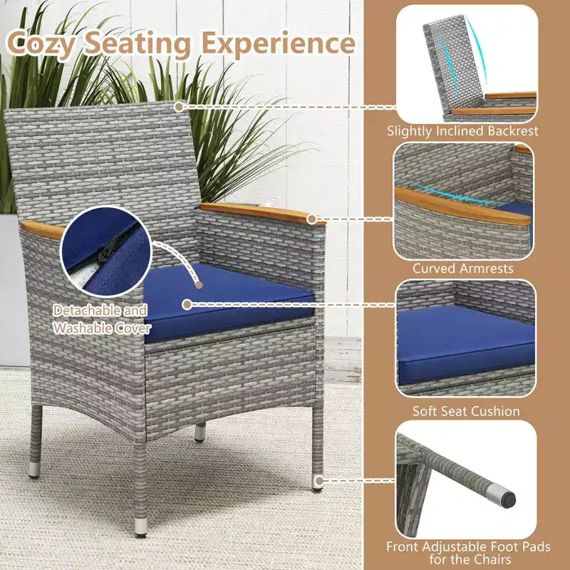 Costway Ensemble de salle à manger d'extérieur 9 pièces pour 8 personnes avec table et chaises en rotin PE et 2 trous pour parasol Bleu marine/Blanc