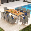 Costway 9 PCS Patio Dining Set for 8 Table and PE Rattan Chairs with 2 Umbrella Hole Navy/White