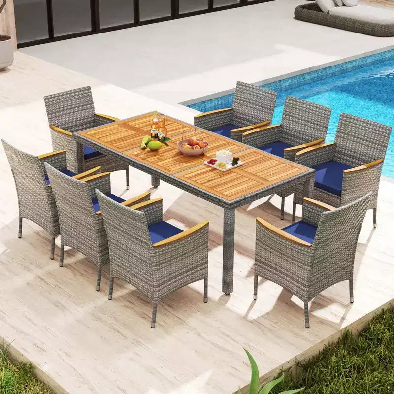 Costway 9 PCS Patio Dining Set for 8 Table and PE Rattan Chairs with 2 Umbrella Hole Navy/White