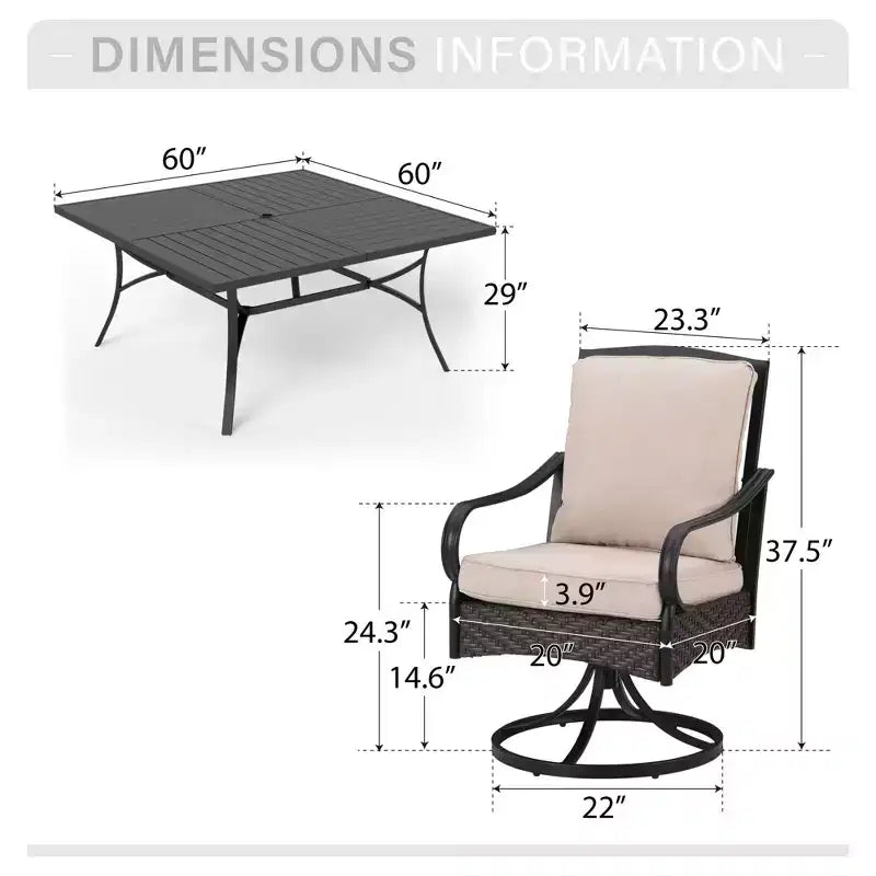 Captiva Designs Ensemble 9 Pièces Table Carrée Spacieuse à Lattes et Chaises en Métal Effet Rotin avec Coussins Épais