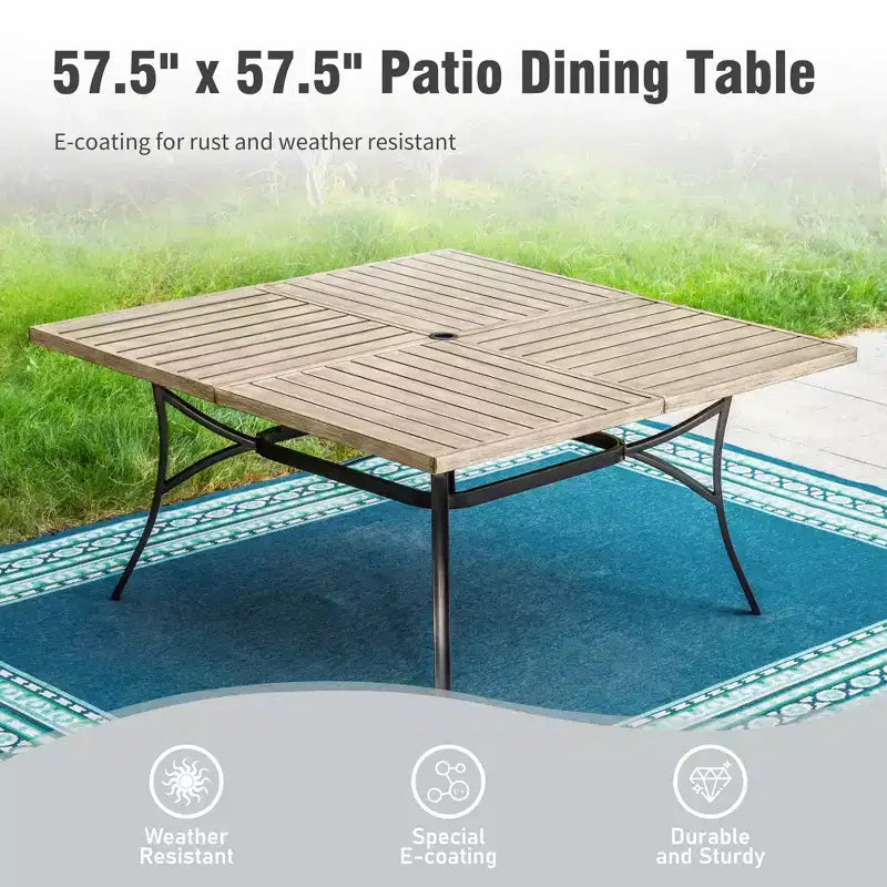 Captiva Designs Ensemble 9 Pièces Table Carrée Spacieuse à Lattes et Chaises en Métal Effet Rotin avec Coussins Épais