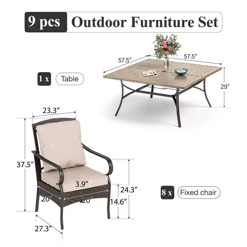 Captiva Designs Ensemble 9 Pièces Table Carrée Spacieuse à Lattes et Chaises en Métal Effet Rotin avec Coussins Épais
