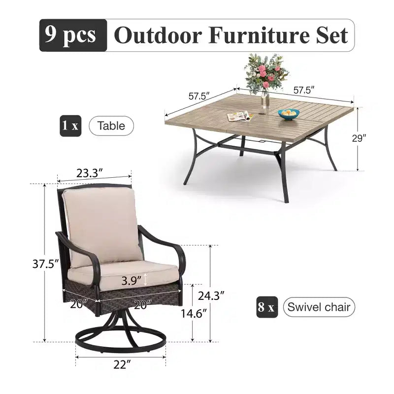 Captiva Designs Ensemble 9 Pièces Table Carrée Spacieuse à Lattes et Chaises en Métal Effet Rotin avec Coussins Épais
