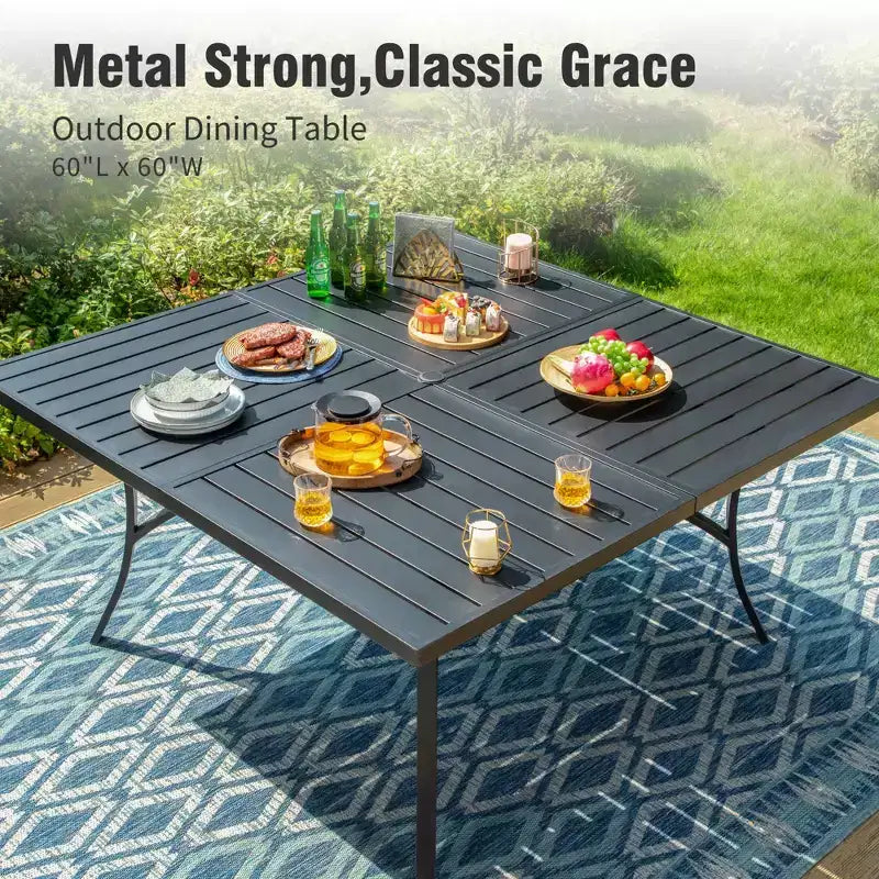 Captiva Designs Ensemble 9 Pièces Table Carrée Spacieuse à Lattes et Chaises en Métal Effet Rotin avec Coussins Épais