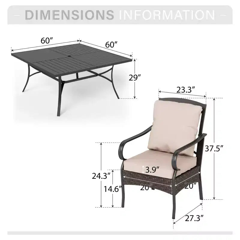 Captiva Designs Ensemble 9 Pièces Table Carrée Spacieuse à Lattes et Chaises en Métal Effet Rotin avec Coussins Épais
