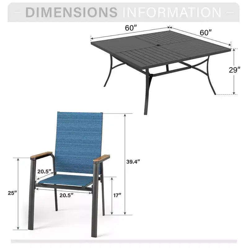 Captiva Designs Table à manger carrée en métal avec plateau à lattes et chaises en aluminium empilables en textilène, 9 pièces