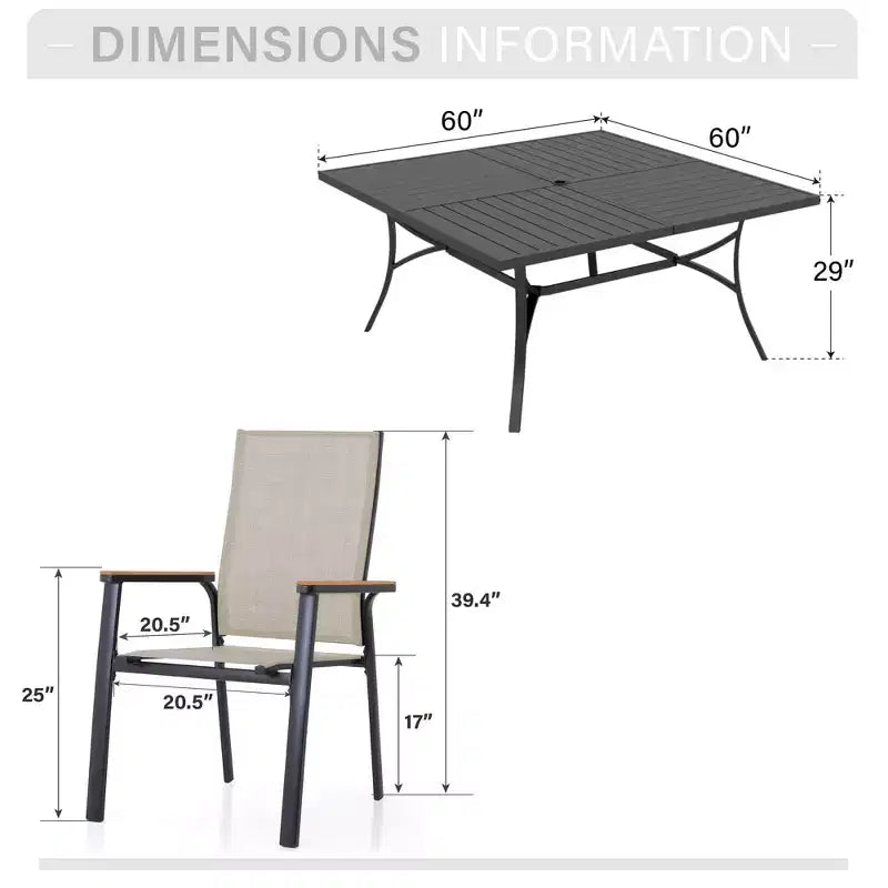 Captiva Designs Table à manger carrée en métal avec plateau à lattes et chaises en aluminium empilables en textilène, 9 pièces