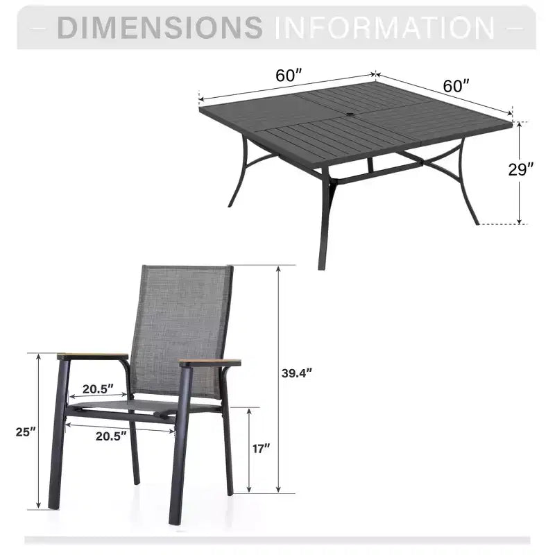 Captiva Designs Table à manger carrée en métal avec plateau à lattes et chaises en aluminium empilables en textilène, 9 pièces