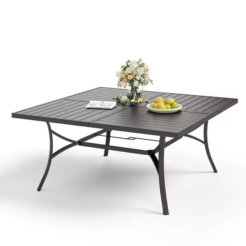 Captiva Designs Table à manger carrée en métal avec plateau à lattes et chaises en aluminium empilables en textilène, 9 pièces