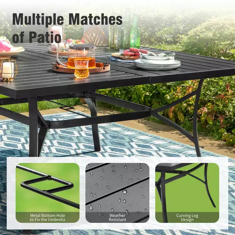 Captiva Designs Table à manger carrée en métal avec plateau à lattes et chaises en aluminium empilables en textilène, 9 pièces