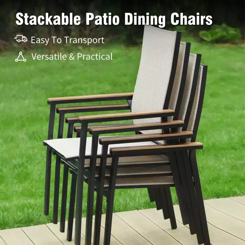 Captiva Designs Table à manger carrée en métal avec plateau à lattes et chaises en aluminium empilables en textilène, 9 pièces
