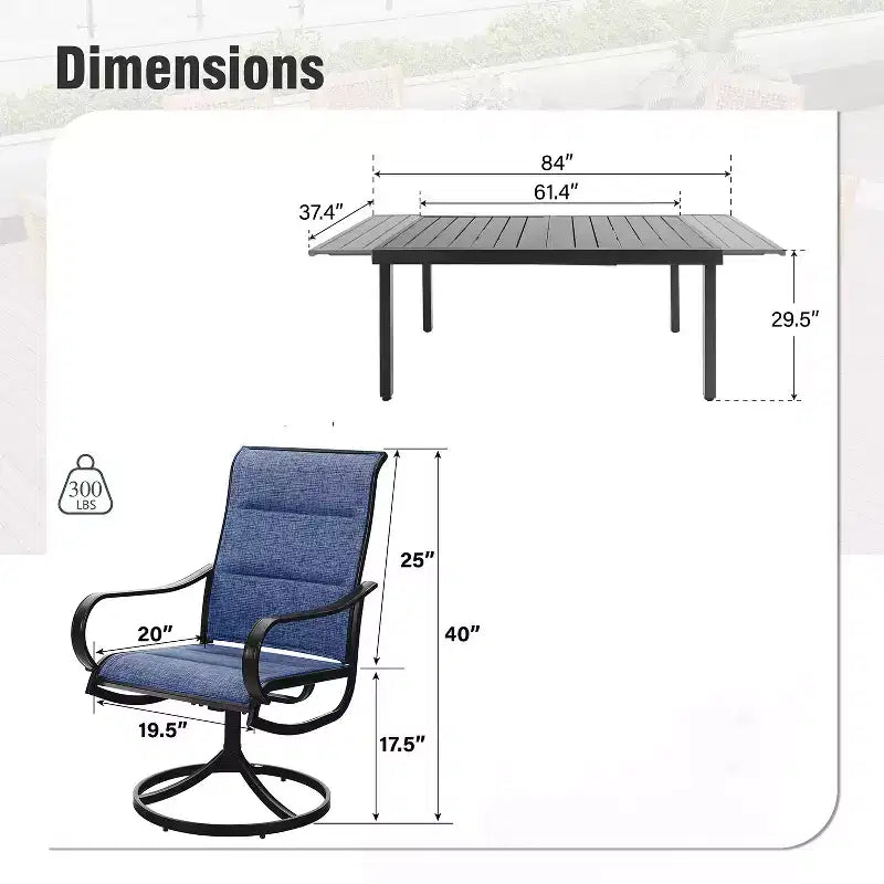 Ensemble de salle à manger d'extérieur Captiva Designs 9 pièces avec table rectangulaire réglable en acier à lattes et chaises pivotantes en textilène rembourrées