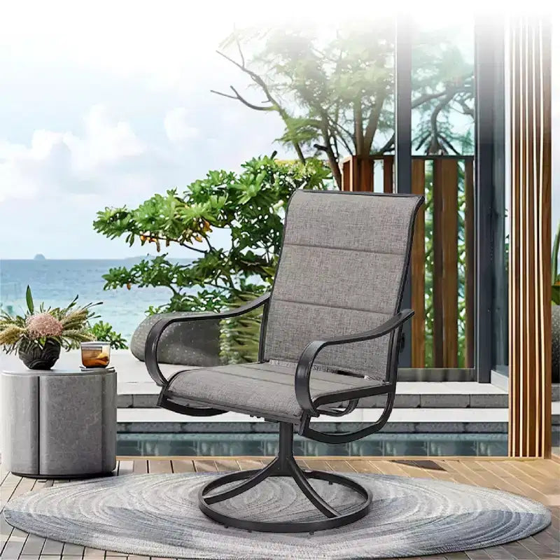 Ensemble de salle à manger d'extérieur Captiva Designs 9 pièces avec table rectangulaire réglable en acier à lattes et chaises pivotantes en textilène rembourrées