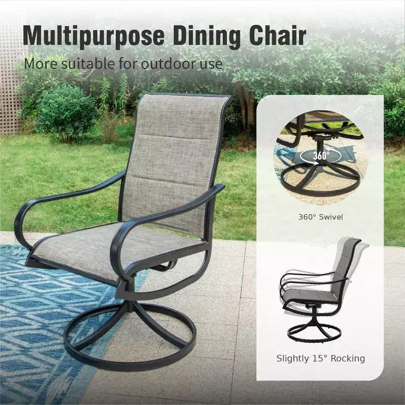 Ensemble de salle à manger d'extérieur Captiva Designs 9 pièces avec table rectangulaire réglable en acier à lattes et chaises pivotantes en textilène rembourrées