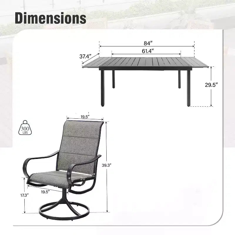 Ensemble de salle à manger d'extérieur Captiva Designs 9 pièces avec table rectangulaire réglable en acier à lattes et chaises pivotantes en textilène rembourrées
