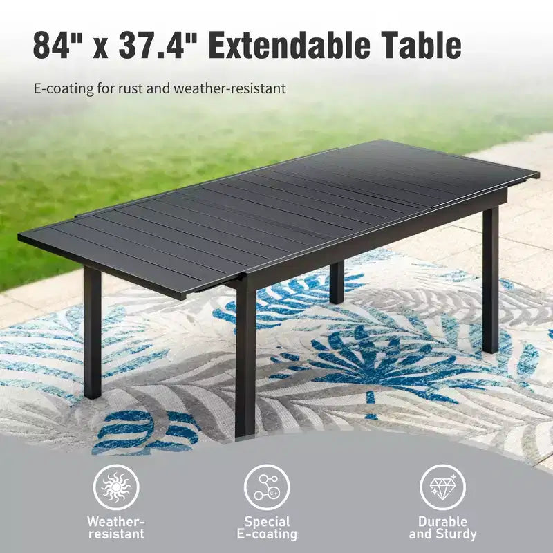 Ensemble de salle à manger d'extérieur Captiva Designs 9 pièces avec table rectangulaire réglable en acier à lattes et chaises pivotantes en textilène rembourrées