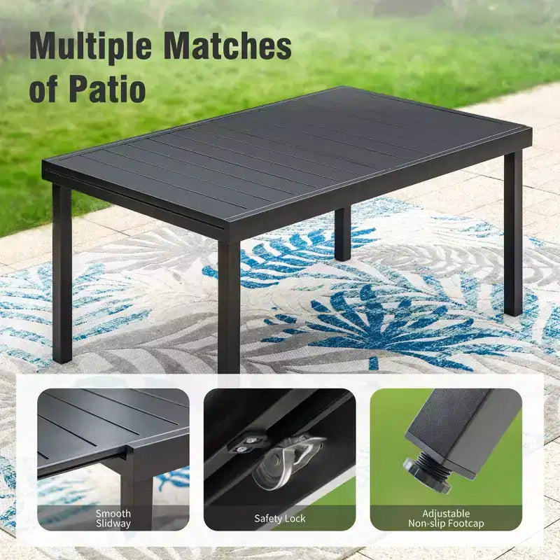 Ensemble de salle à manger d'extérieur Captiva Designs 9 pièces avec table rectangulaire réglable en acier à lattes et chaises pivotantes en textilène rembourrées