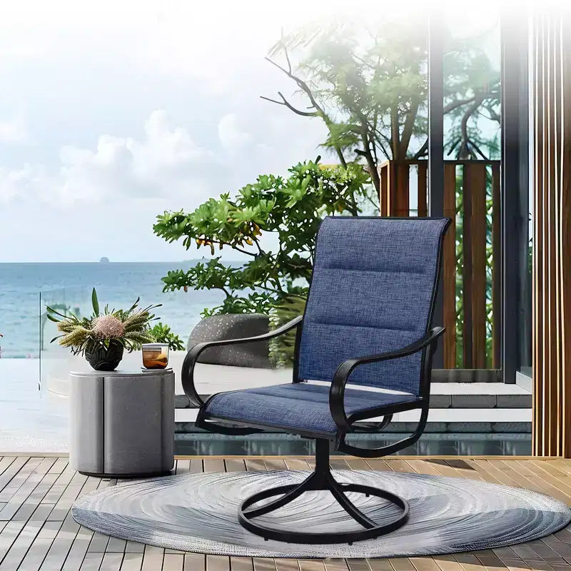 Ensemble de salle à manger d'extérieur Captiva Designs 9 pièces avec table rectangulaire réglable en acier à lattes et chaises pivotantes en textilène rembourrées