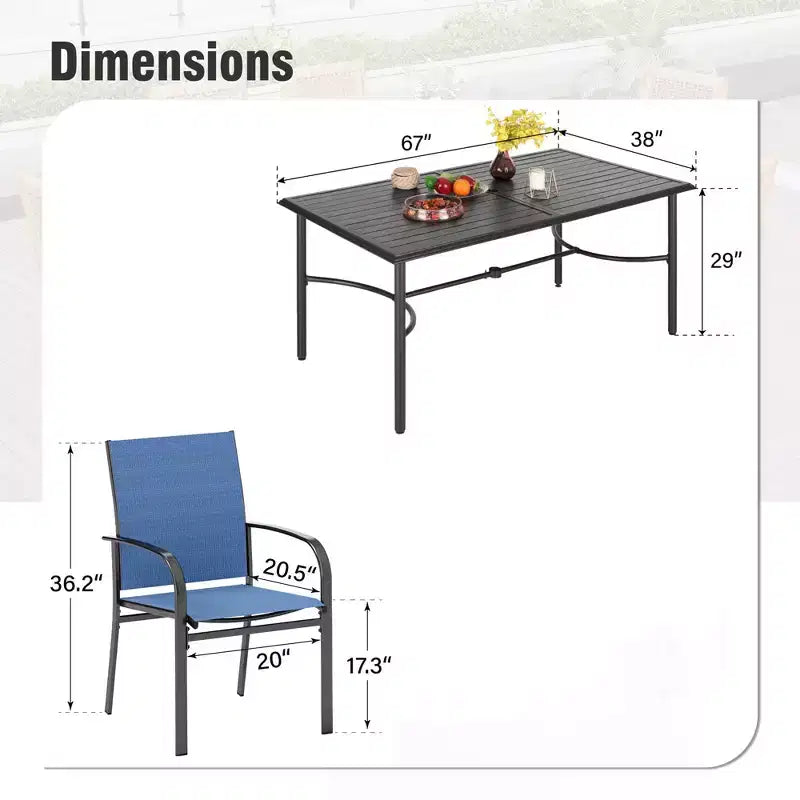 Table de salle à manger rectangulaire en acier 7 pièces Captiva Designs avec support en X en C et chaises fixes en toile