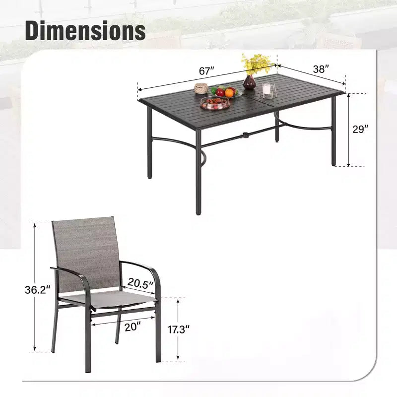 Table de salle à manger rectangulaire en acier 7 pièces Captiva Designs avec support en X en C et chaises fixes en toile