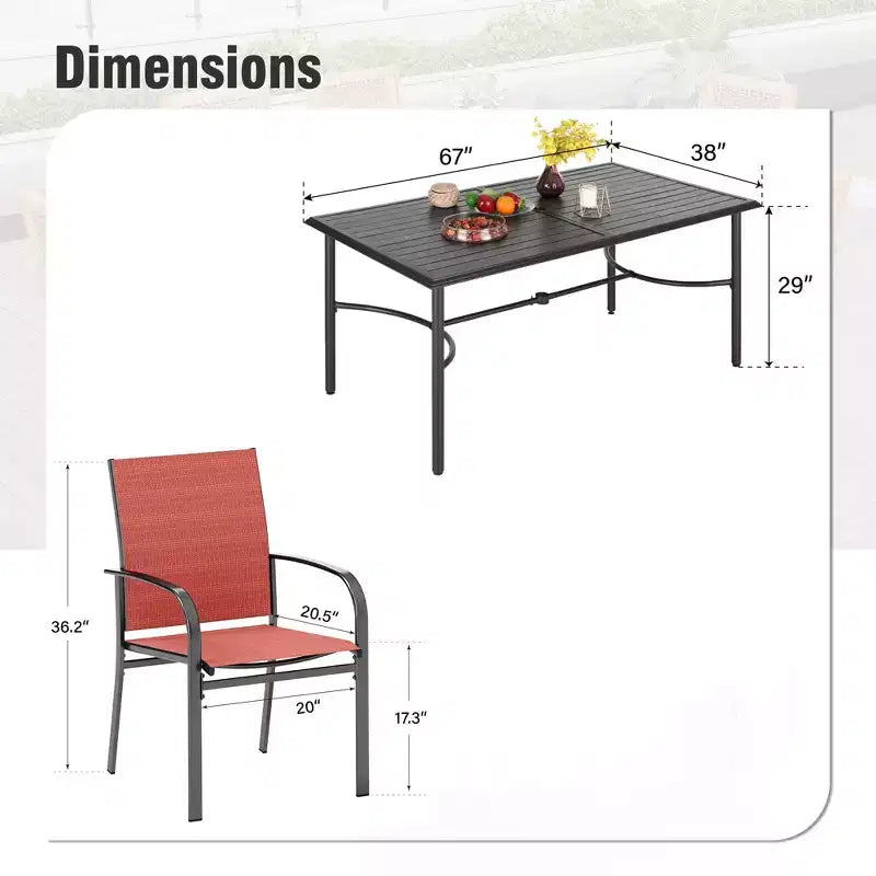 Table de salle à manger rectangulaire en acier 7 pièces Captiva Designs avec support en X en C et chaises fixes en toile