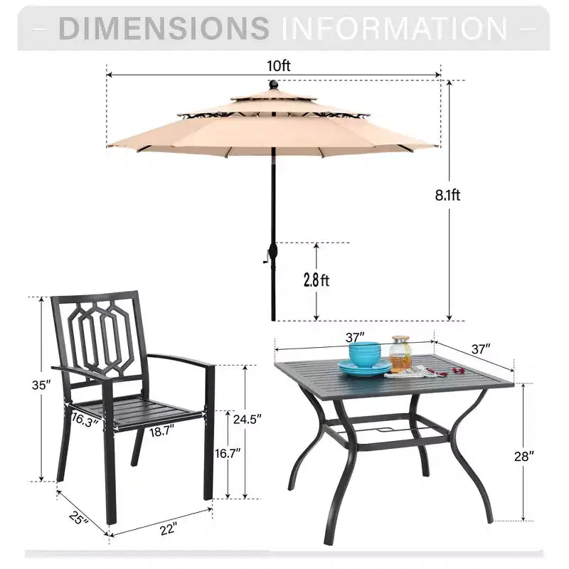 Captiva Designs Ensemble de 6 pièces : Table Carrée de Terrasse, Chaises en Métal à Dossier Fusiforme et Parasol Beige