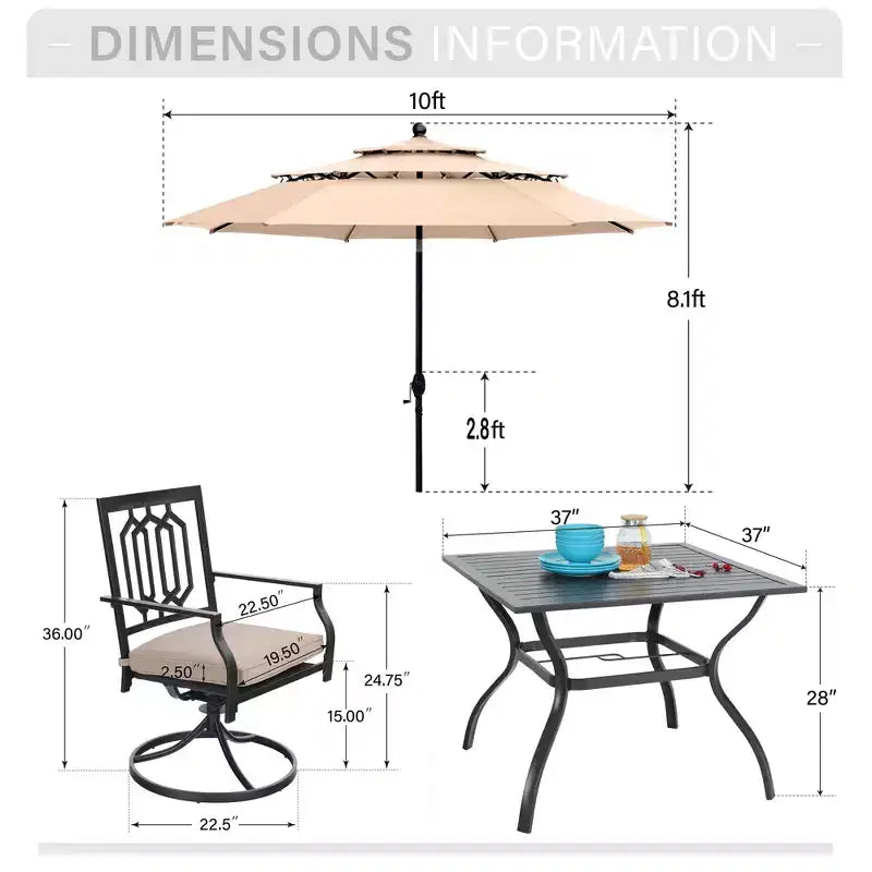 Captiva Designs Ensemble de 6 pièces : Table Carrée de Terrasse, Chaises en Métal à Dossier Fusiforme et Parasol Beige