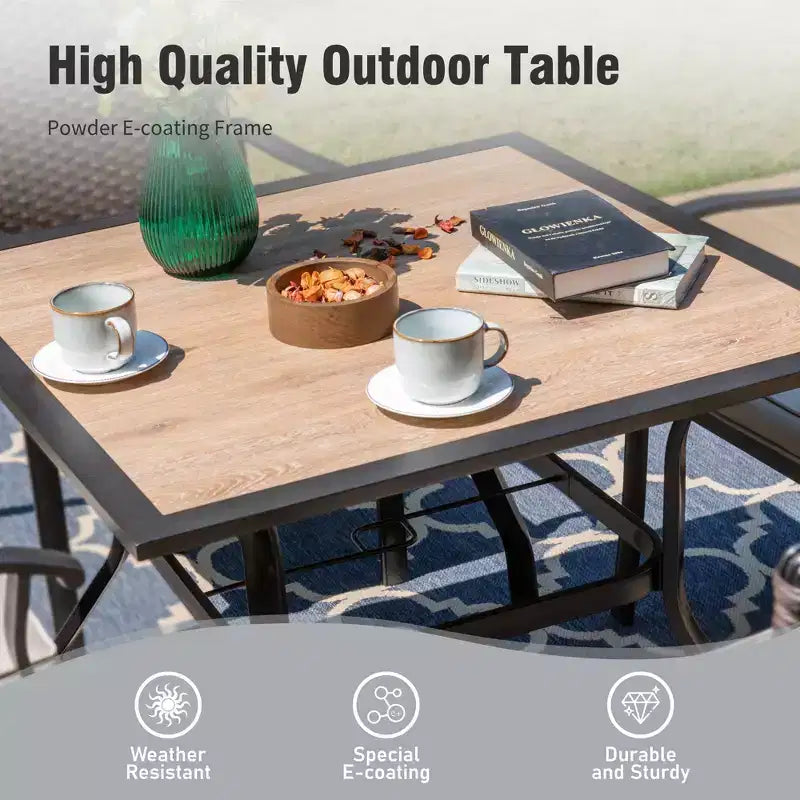 Captiva Designs Ensemble de 6 pièces : Table Carrée de Terrasse, Chaises en Métal à Dossier Fusiforme et Parasol Beige