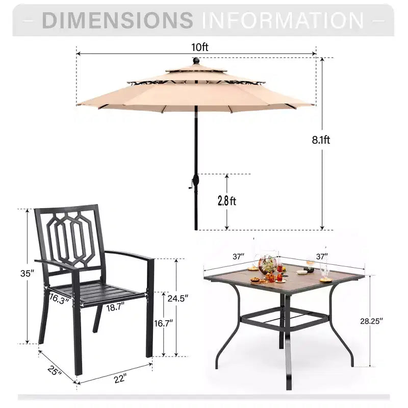 Captiva Designs Ensemble de 6 pièces : Table Carrée de Terrasse, Chaises en Métal à Dossier Fusiforme et Parasol Beige