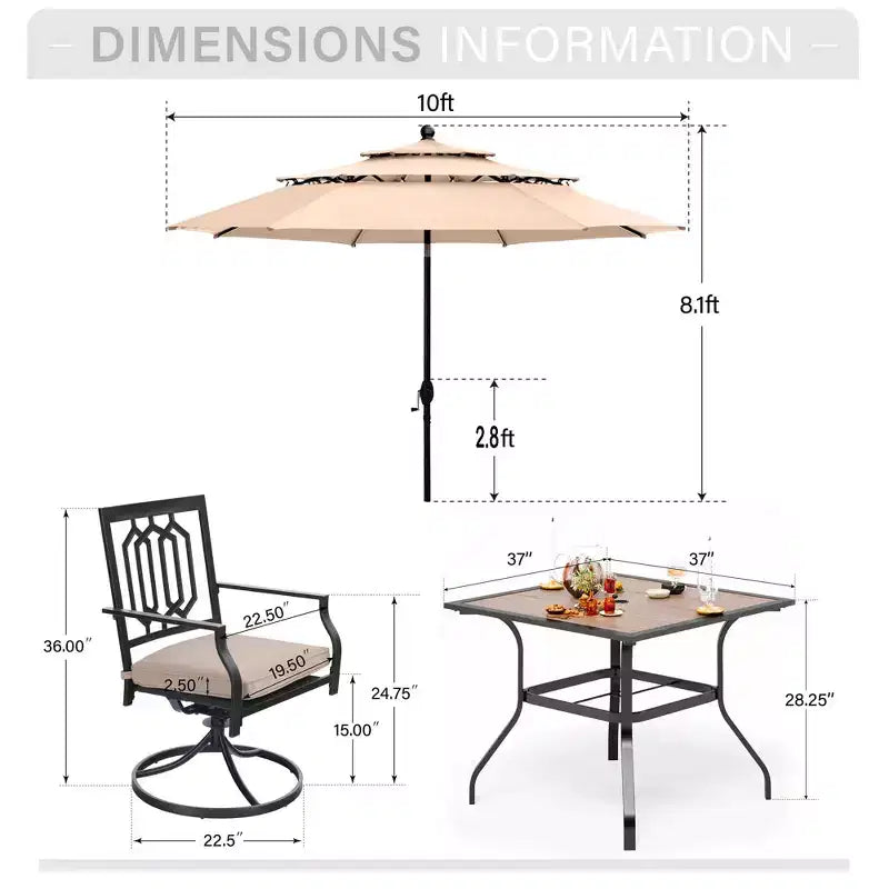 Captiva Designs Ensemble de 6 pièces : Table Carrée de Terrasse, Chaises en Métal à Dossier Fusiforme et Parasol Beige