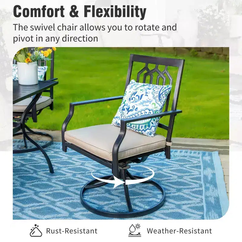 Captiva Designs Ensemble de 6 pièces : Table Carrée de Terrasse, Chaises en Métal à Dossier Fusiforme et Parasol Beige