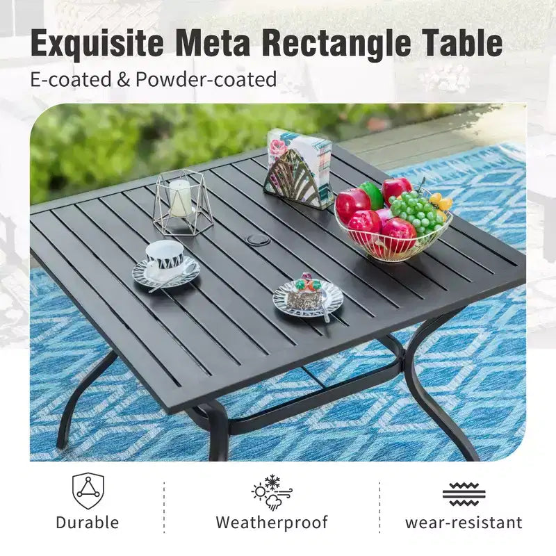 Captiva Designs Ensemble de 6 pièces : Table Carrée de Terrasse, Chaises en Métal à Dossier Fusiforme et Parasol Beige