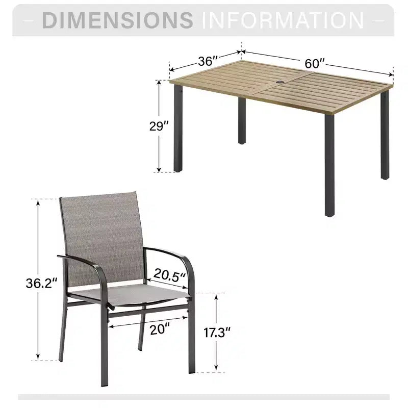 Captiva Designs - Ensemble de salle à manger 7 pièces pour terrasse extérieure avec table en acier à plateau à lattes aspect bois et chaises fixes en toile