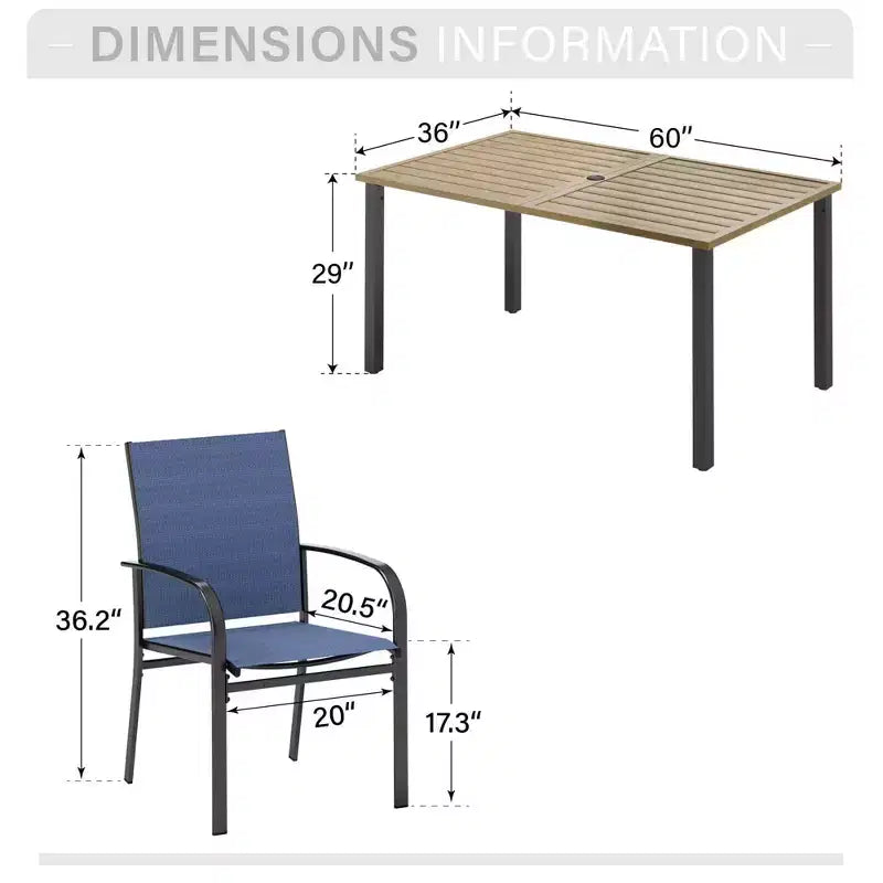 Captiva Designs - Ensemble de salle à manger 7 pièces pour terrasse extérieure avec table en acier à plateau à lattes aspect bois et chaises fixes en toile