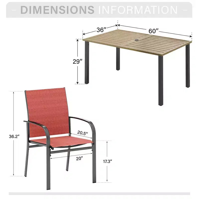 Captiva Designs - Ensemble de salle à manger 7 pièces pour terrasse extérieure avec table en acier à plateau à lattes aspect bois et chaises fixes en toile