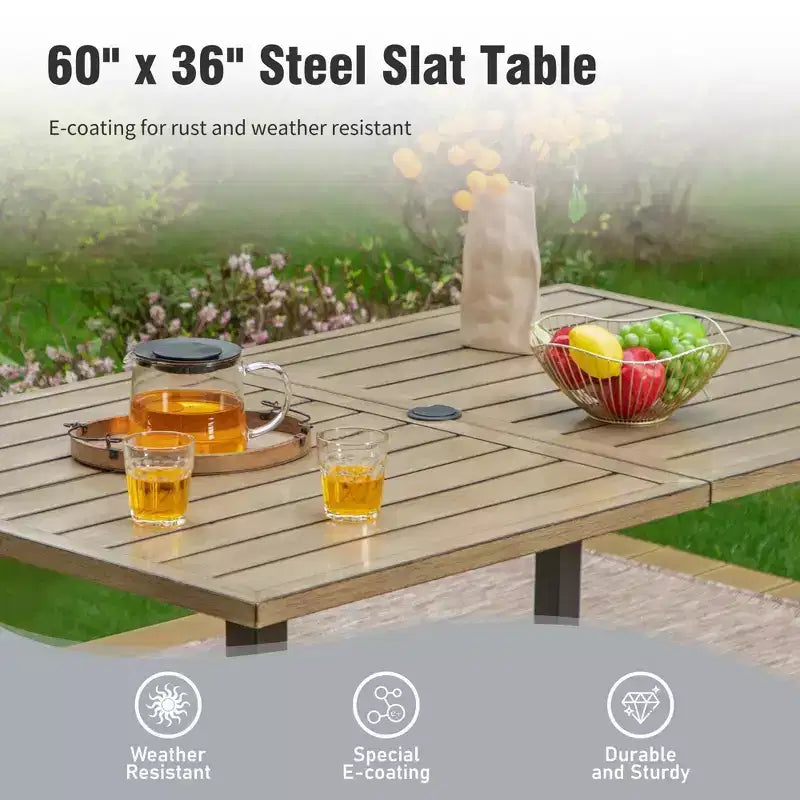 Captiva Designs - Ensemble de salle à manger 7 pièces pour terrasse extérieure avec table en acier à plateau à lattes aspect bois et chaises fixes en toile