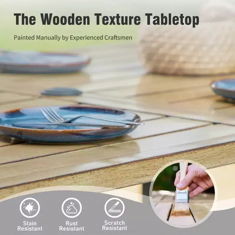 Captiva Designs - Ensemble de salle à manger 7 pièces pour terrasse extérieure avec table en acier à plateau à lattes aspect bois et chaises fixes en toile