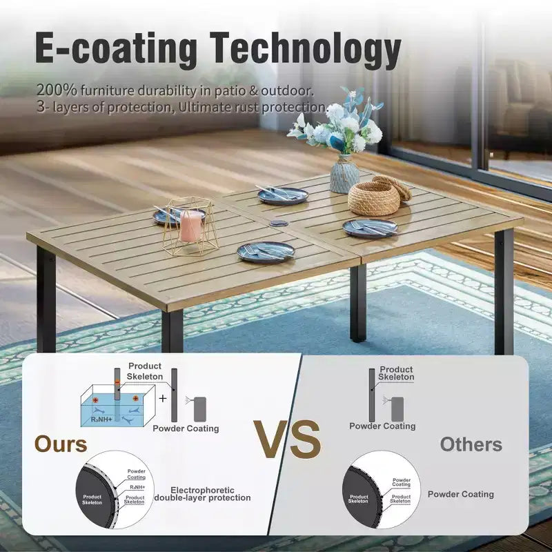 Captiva Designs - Ensemble de salle à manger 7 pièces pour terrasse extérieure avec table en acier à plateau à lattes aspect bois et chaises fixes en toile