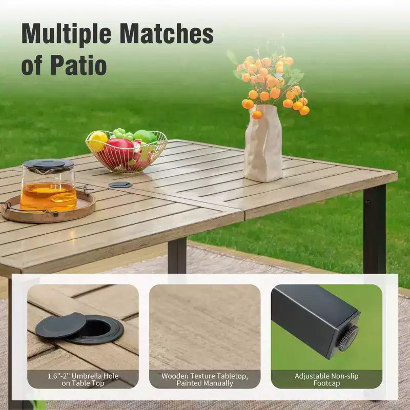 Captiva Designs - Ensemble de salle à manger 7 pièces pour terrasse extérieure avec table en acier à plateau à lattes aspect bois et chaises fixes en toile