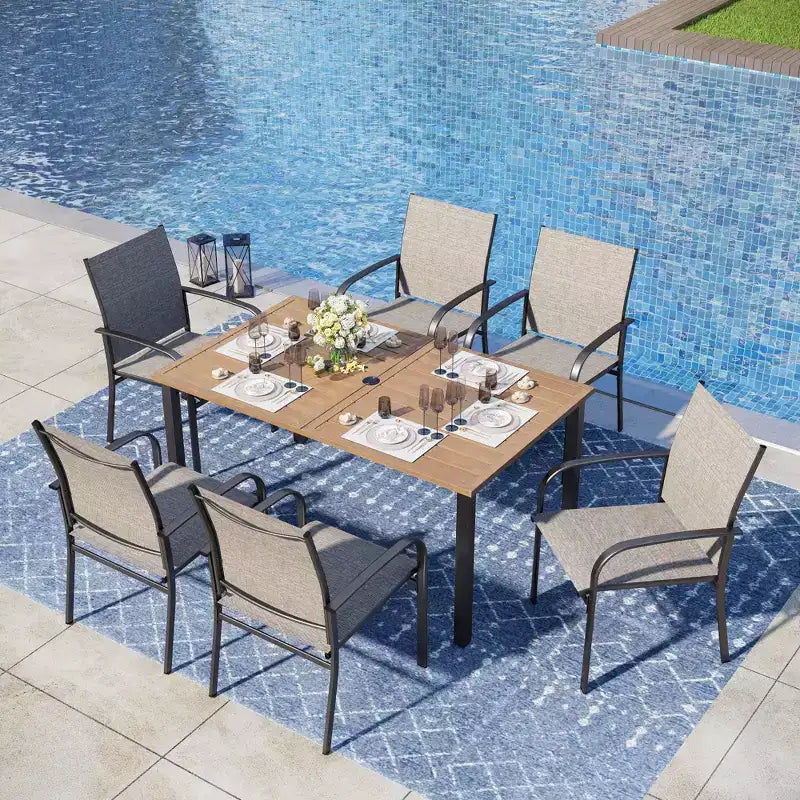 Captiva Designs 7pc Outdoor Patio Wood-look Slatted Top Steel Dining Table & Sling Fixed Chairs