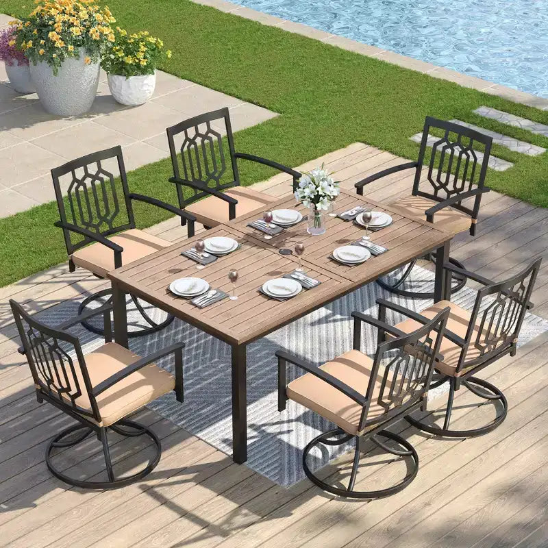 Captiva Designs Ensemble Repas de Jardin 7 pièces Table Rectangulaire en Acier Finition Bois Flotté & Chaises à Accoudoirs en Métal