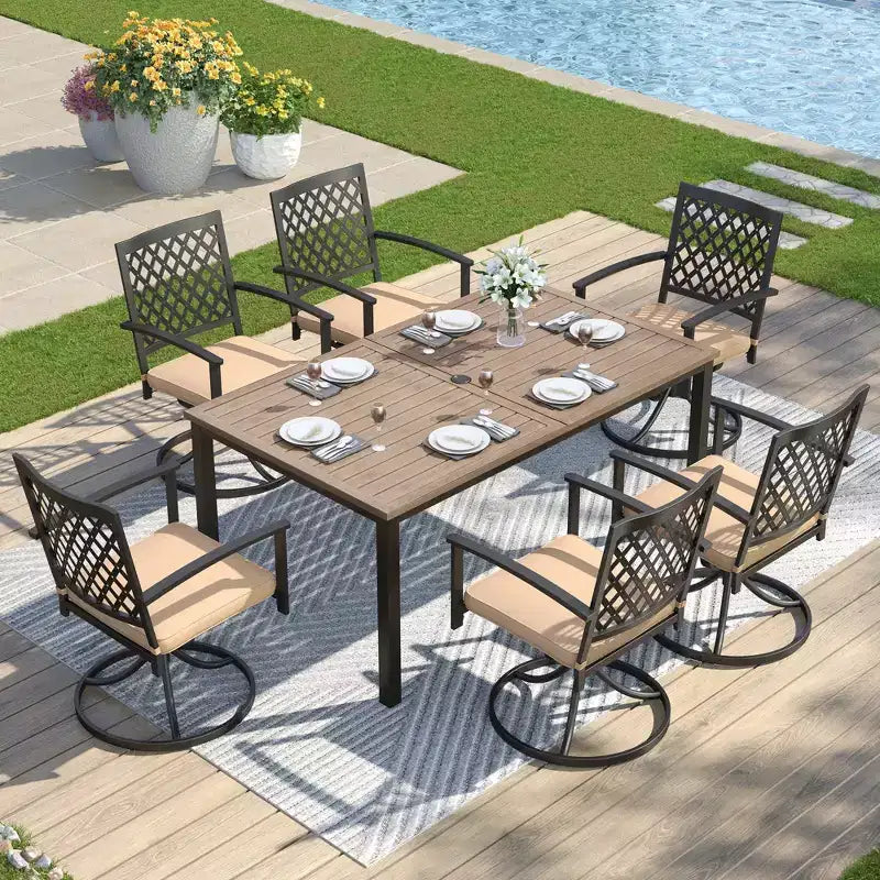 Captiva Designs Ensemble Repas de Jardin 7 pièces Table Rectangulaire en Acier Finition Bois Flotté & Chaises à Accoudoirs en Métal