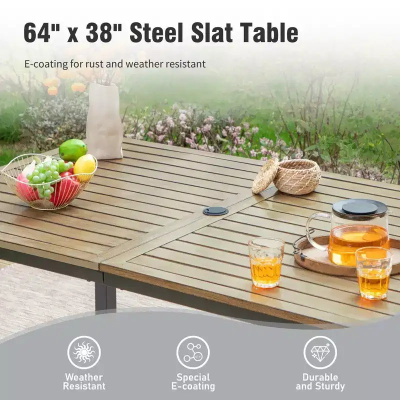 Captiva Designs Ensemble Repas de Jardin 7 pièces Table Rectangulaire en Acier Finition Bois Flotté & Chaises à Accoudoirs en Métal