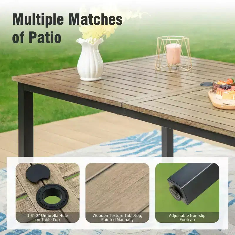 Captiva Designs Ensemble Repas de Jardin 7 pièces Table Rectangulaire en Acier Finition Bois Flotté & Chaises à Accoudoirs en Métal