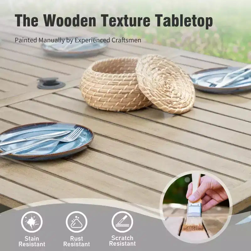 Captiva Designs Ensemble Repas de Jardin 7 pièces Table Rectangulaire en Acier Finition Bois Flotté & Chaises à Accoudoirs en Métal