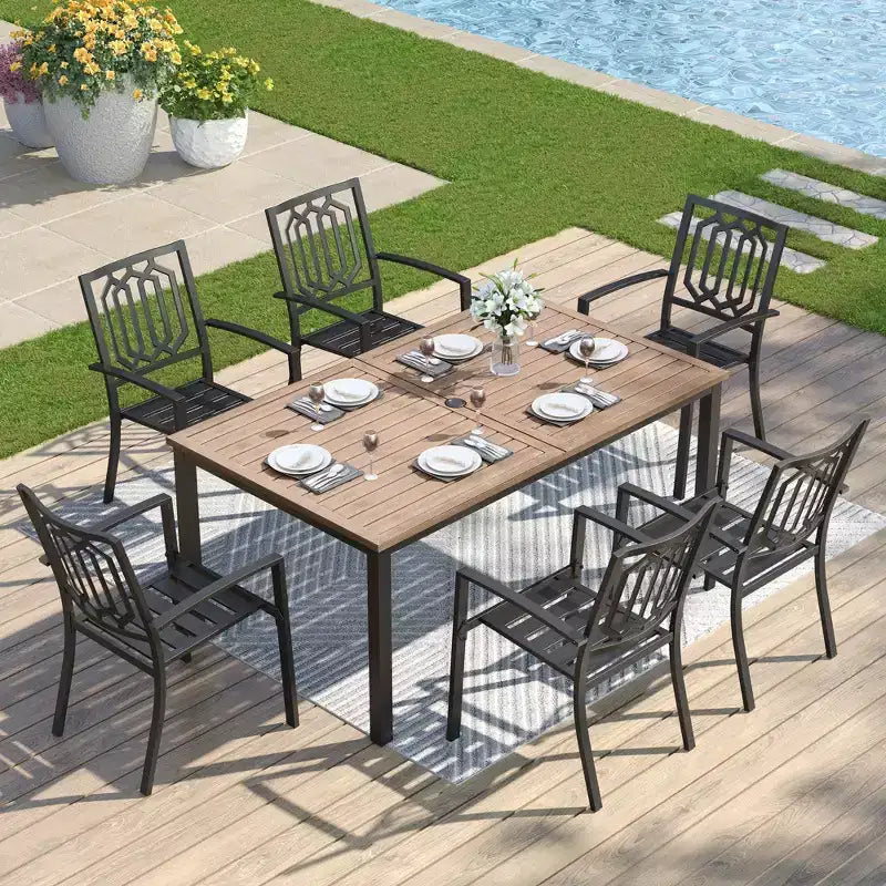 Captiva Designs 7pc Patio Dining Driftwood Finished Rectangle Steel Table & Metal Arm Chairs